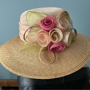 Elegant Tan Hat with Pink and Green Floral Accents